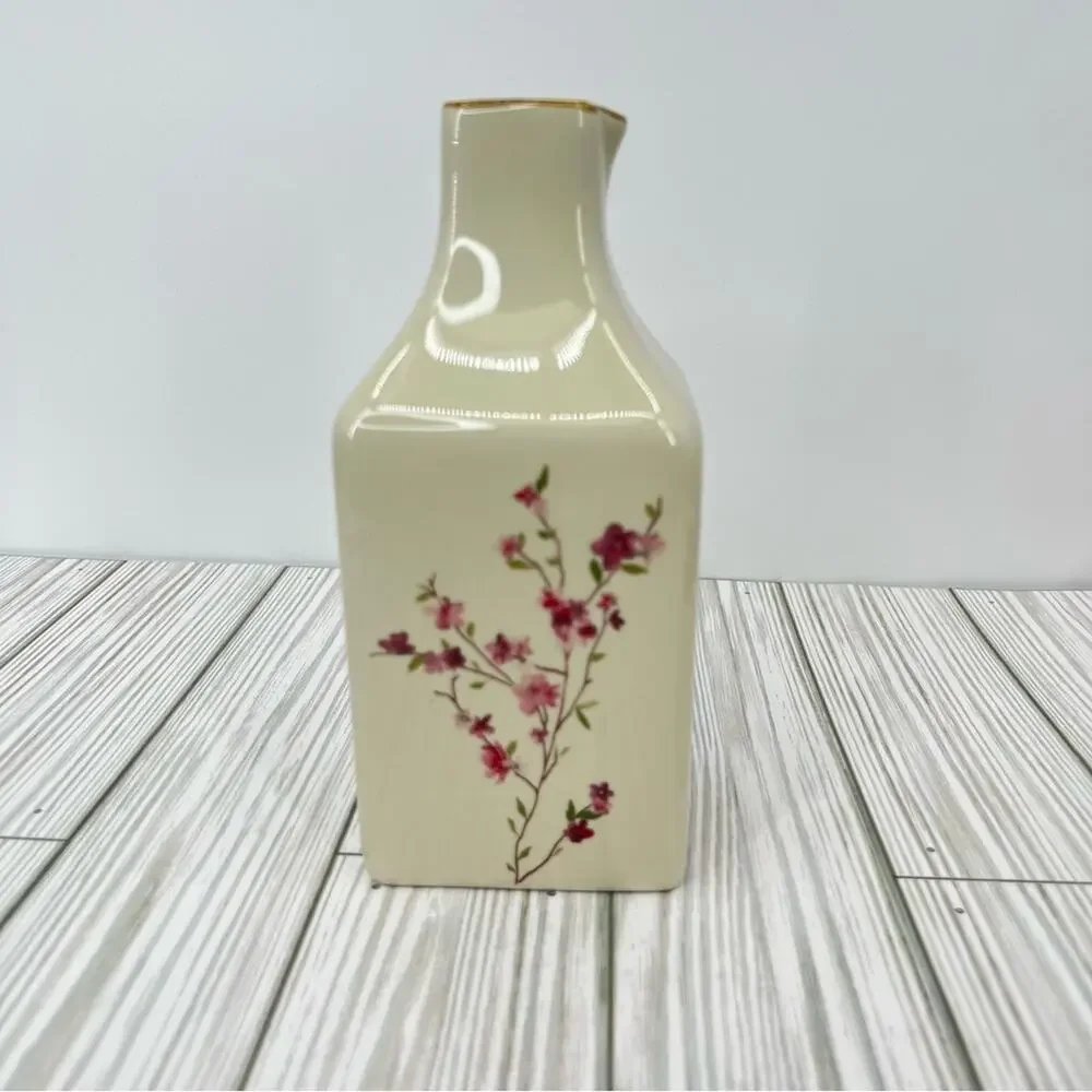 Pottery Barn vintage cherry blossom floral square sake bottle carafe vase